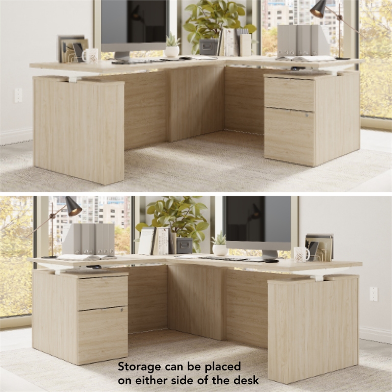 Scranton & Co Wood 60W Standing L Desk with File Cabinet in Natural Elm