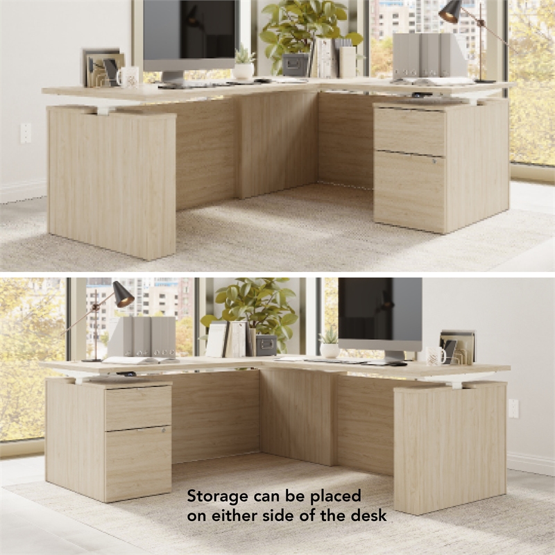 Scranton & Co Wood 72W Standing L Desk with File Cabinet in Natural Elm