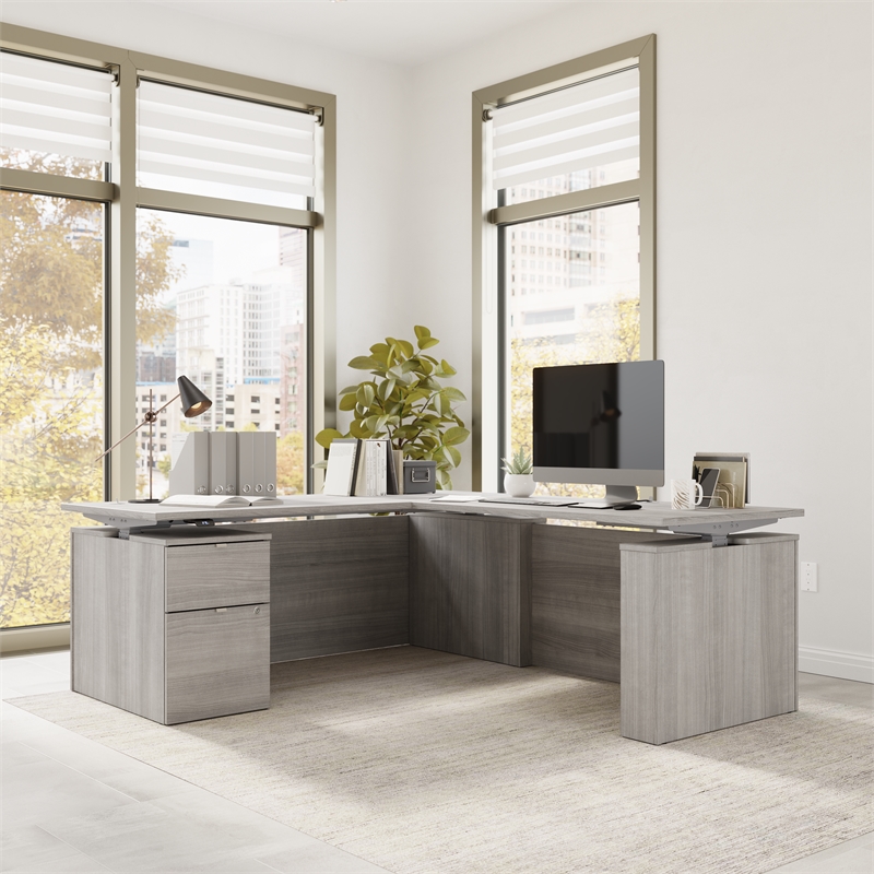 Scranton & Co Engineered Wood 72W Standing L Desk with File Cabinet in Gray