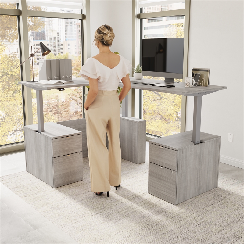 Scranton & Co Engineered Wood 60W Standing L Desk with Drawers in Platinum Gray