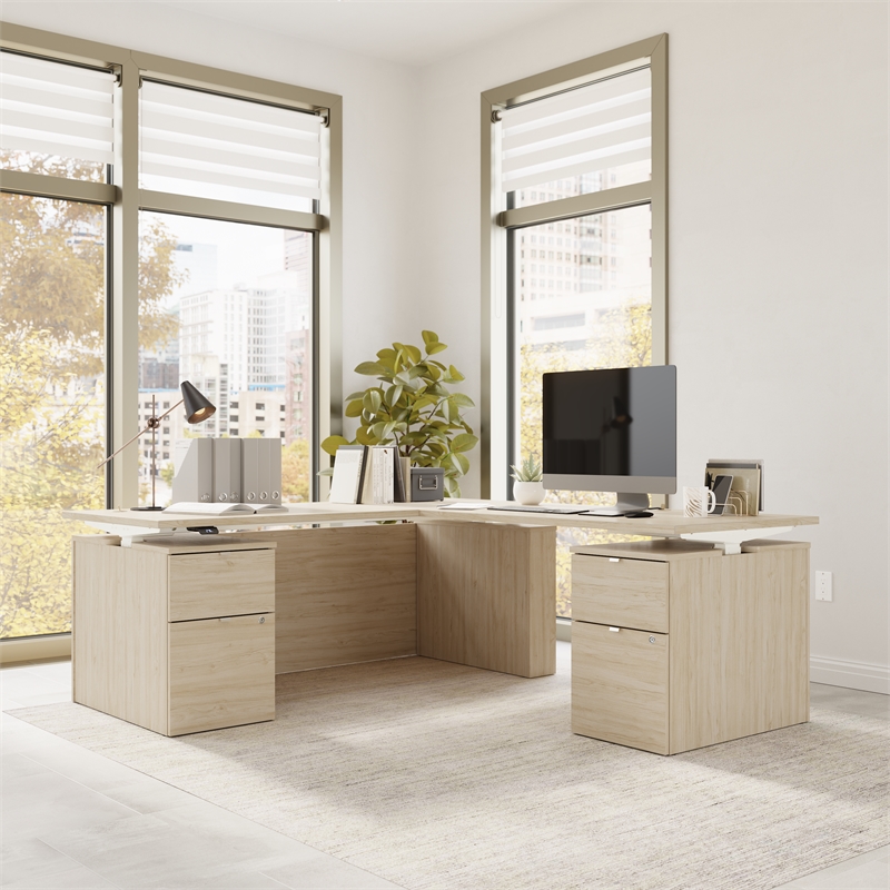 Scranton & Co Engineered Wood 72W Standing L Desk with Drawers in Natural Elm