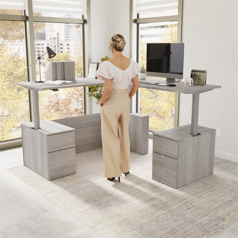 Scranton & Co Engineered Wood 72W Standing L Desk with Drawers in Platinum Gray
