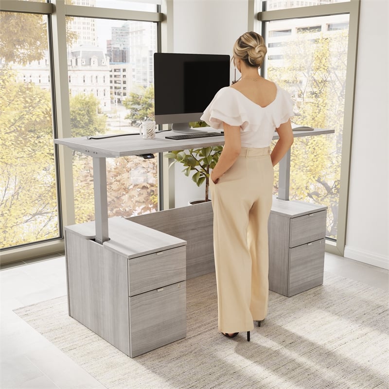 Scranton & Co Engineered Wood 72W Standing Desk with Drawers & Panel in Gray
