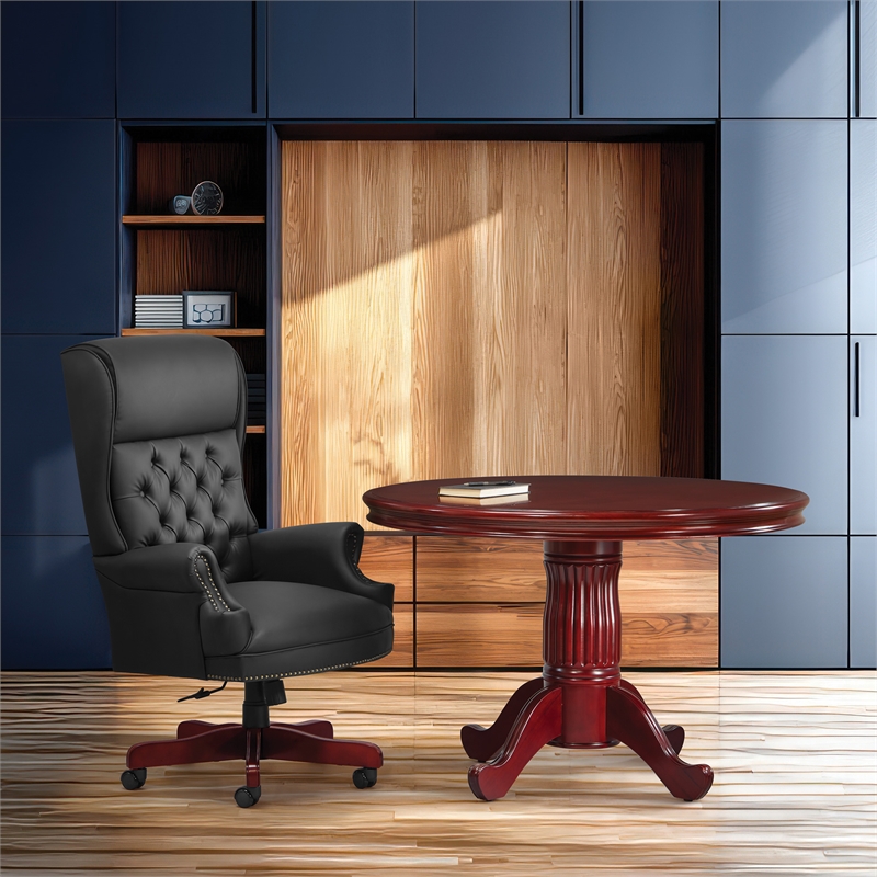 Scranton & Co Traditional Executive Chair in Black Vinyl with Cherry Base