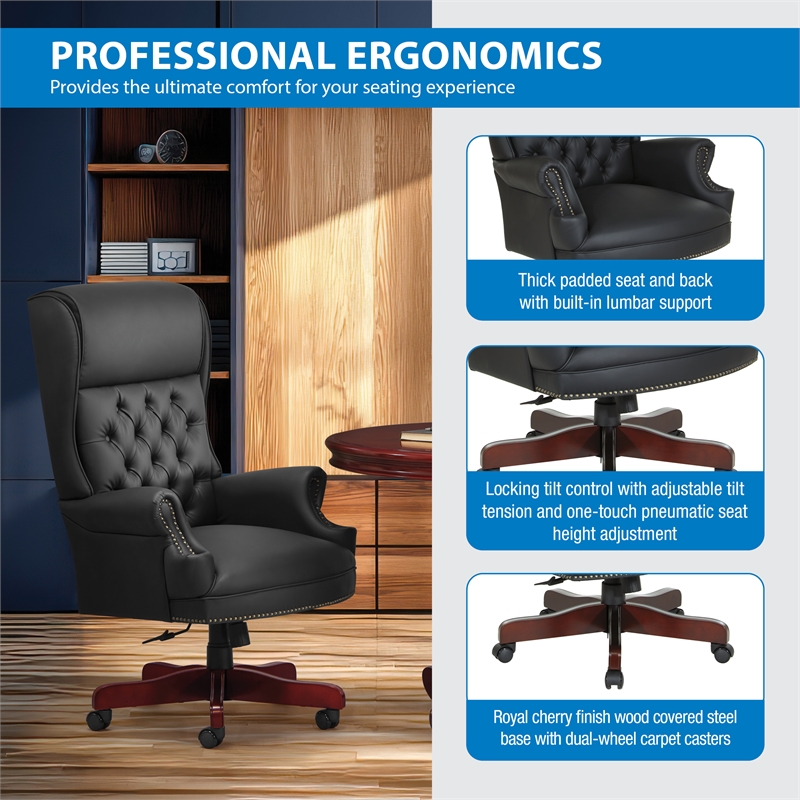 Scranton & Co Traditional Executive Chair in Black Vinyl with Cherry Base