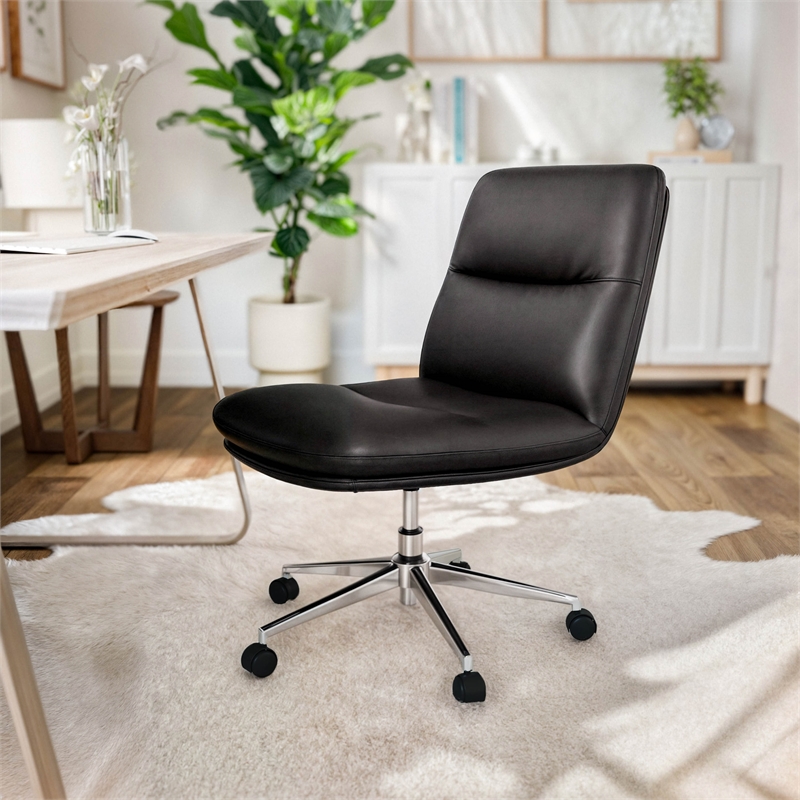 Scranton & Co Mid-Back Padded LeatherSoft Swivel Office Chair in Black/Chrome