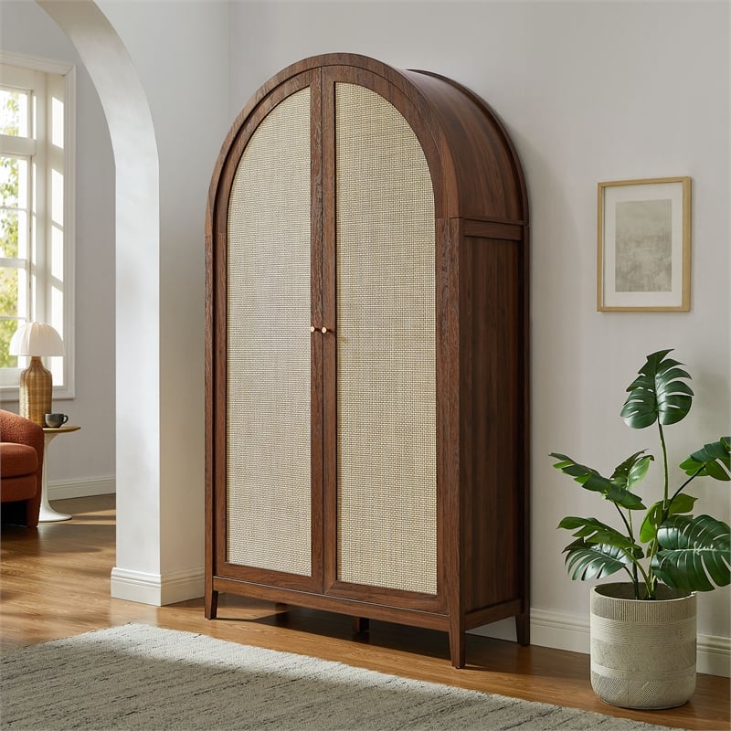 Scranton & Co 79-In Tall Rattan Arched Storage Cabinet in Walnut Finish