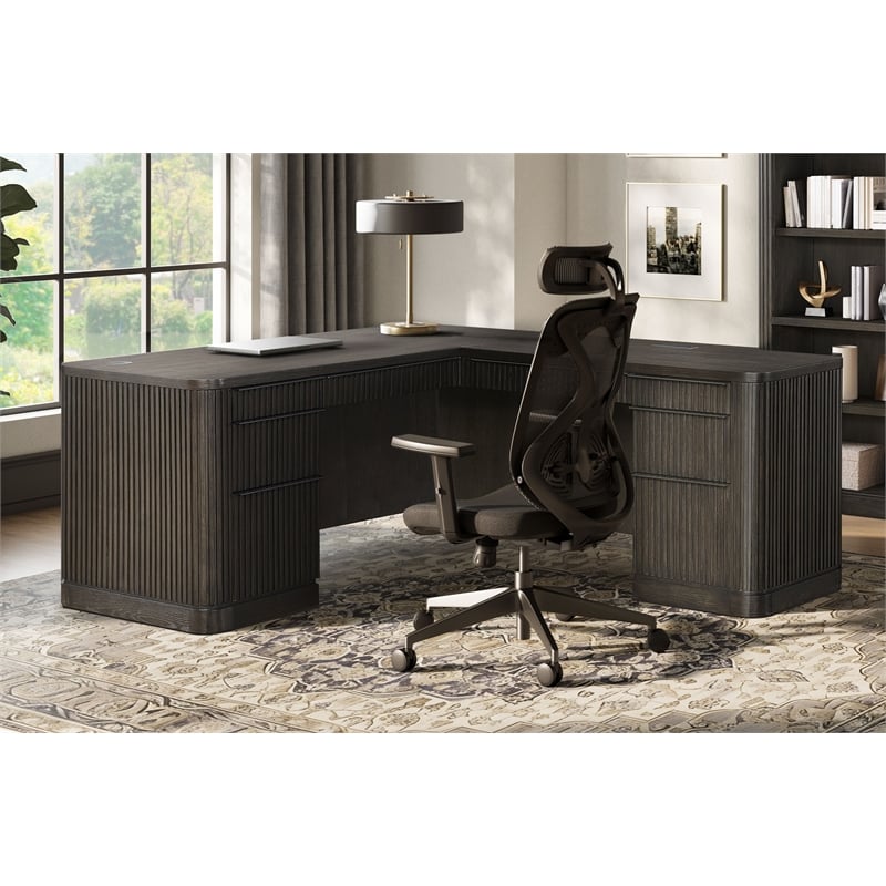 Scranton & Co Double Pedestal L Desk in Wood with Dark Chocolate Finish