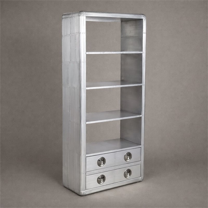 Scranton & Co 2 Drawer Aluminum Bookcase with Exposed Screws Silver