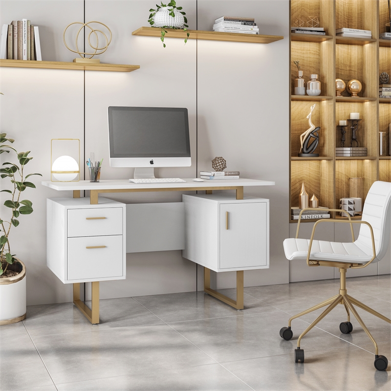 Scranton & Co White/Gold Floating-Top Desk with Drawers and Cabinet
