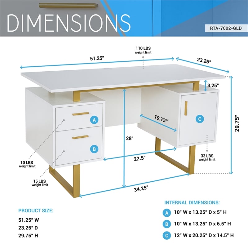 Scranton & Co White/Gold Floating-Top Desk with Drawers and Cabinet