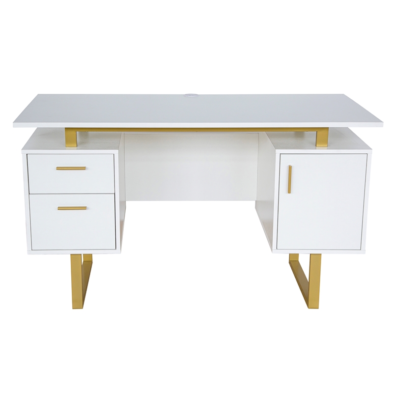 Scranton & Co White/Gold Floating-Top Desk with Drawers and Cabinet
