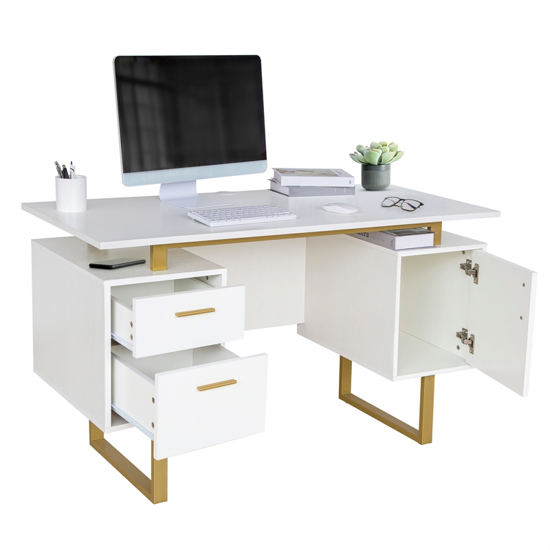 Scranton & Co White/Gold Floating-Top Desk with Drawers and Cabinet