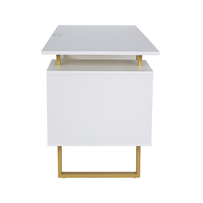 Scranton & Co White/Gold Floating-Top Desk with Drawers and Cabinet