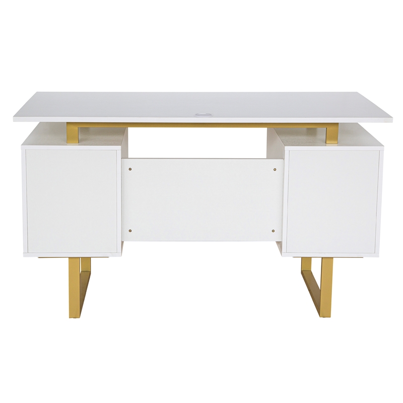 Scranton & Co White/Gold Floating-Top Desk with Drawers and Cabinet