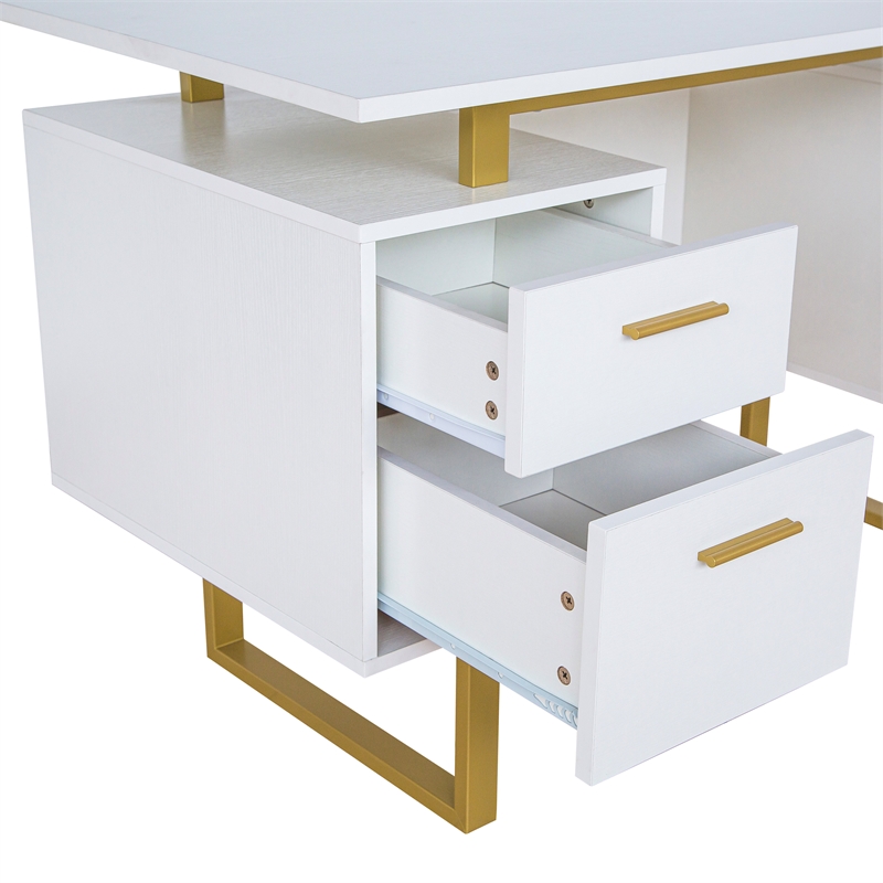 Scranton & Co White/Gold Floating-Top Desk with Drawers and Cabinet