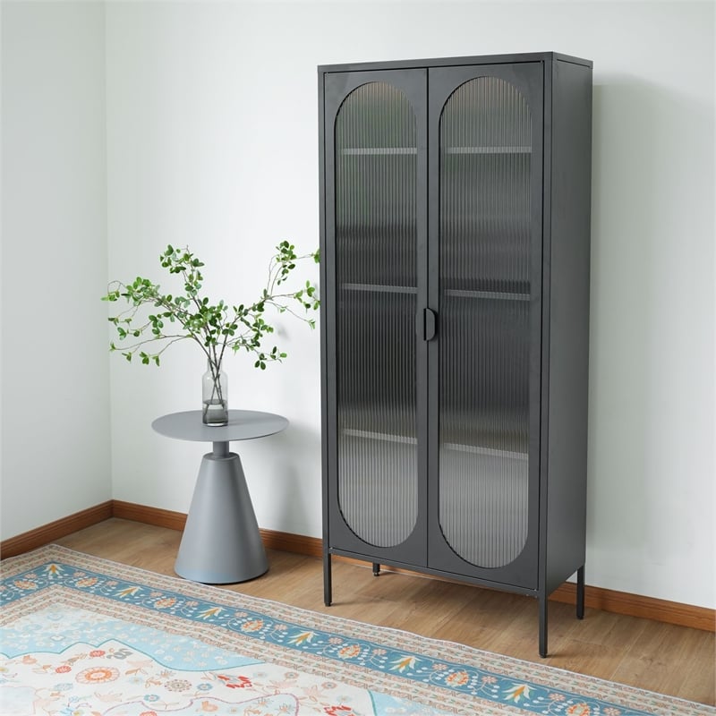 Scranton & Co Tall 2-Door Steel Cabinet with Fluted Glass in Black