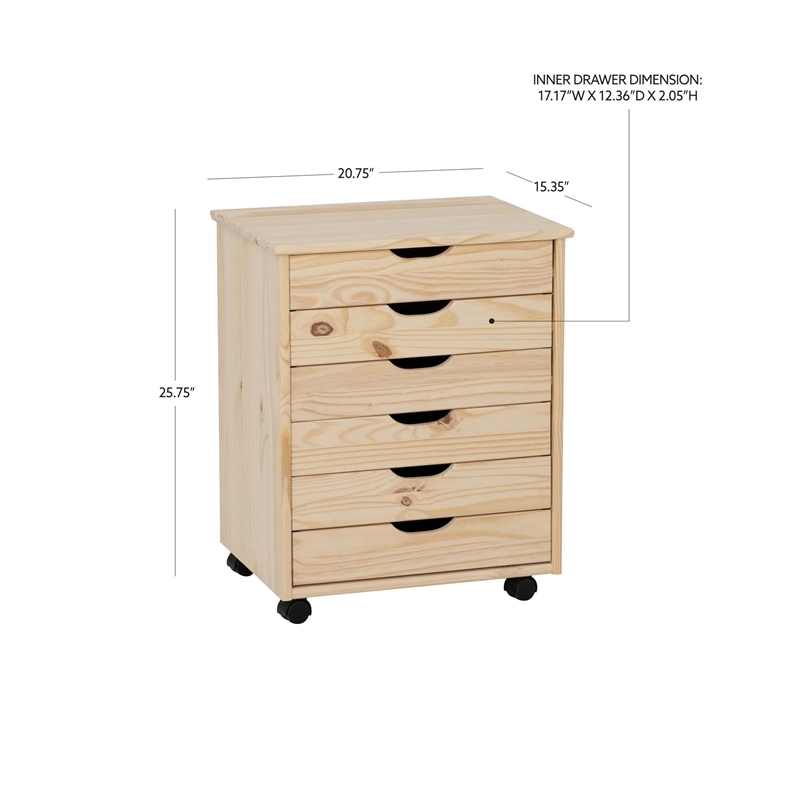Scranton & Co 6-Drawer Rolling Storage Cart in Unfinished Pine Wood