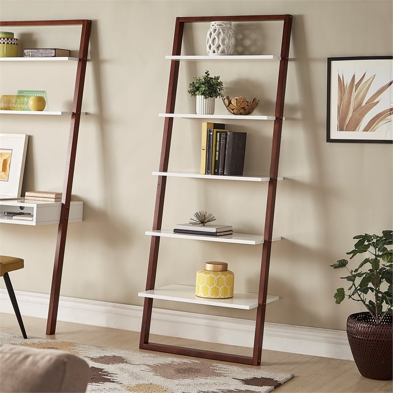 Scranton & Co Two-Tone Leaning Ladder Wood Bookcase in Espresso and White
