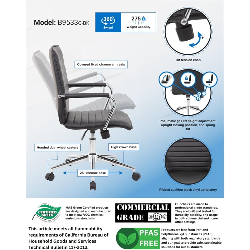 Scranton & Co Ribbed Back Adjustable Office Chair with Chrome Arms in Gray