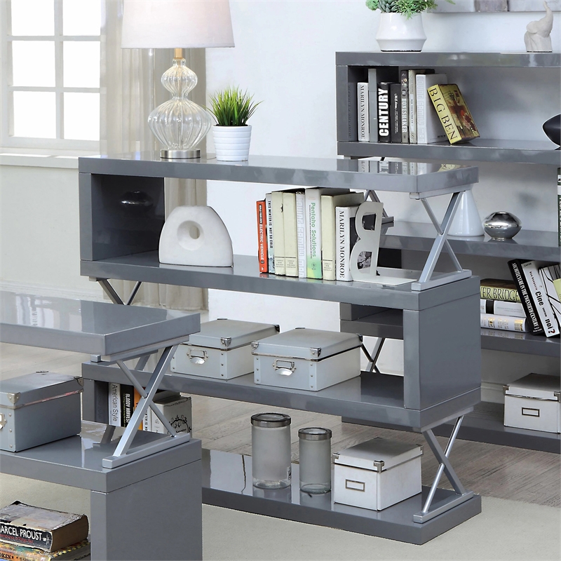 Scranton & Co 4-Shelf Glossy Gray Wood Bookcase with X Supports