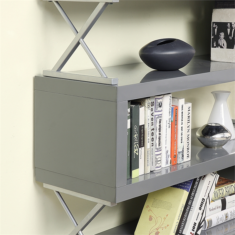 Scranton & Co 4-Shelf Glossy Gray Wood Bookcase with X Supports