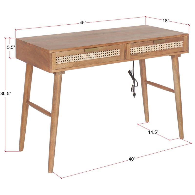 Scranton & Co Solid Wood Desk with Built-in Outlet and 2 Drawers in Brown