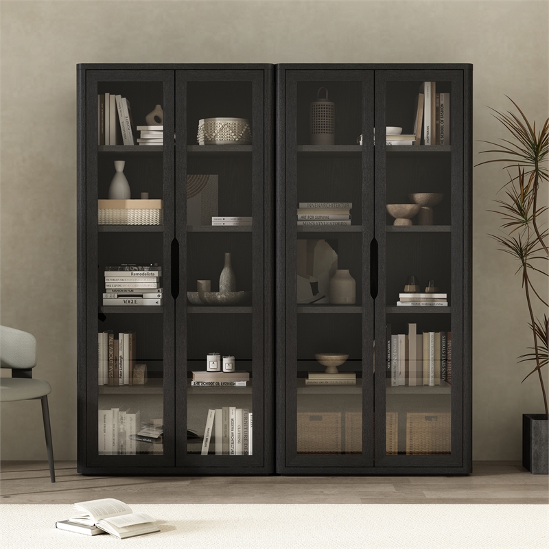 Scranton & Co 5-Shelf Modern Bookcase Cabinet with Glass Doors in Black Set of 2