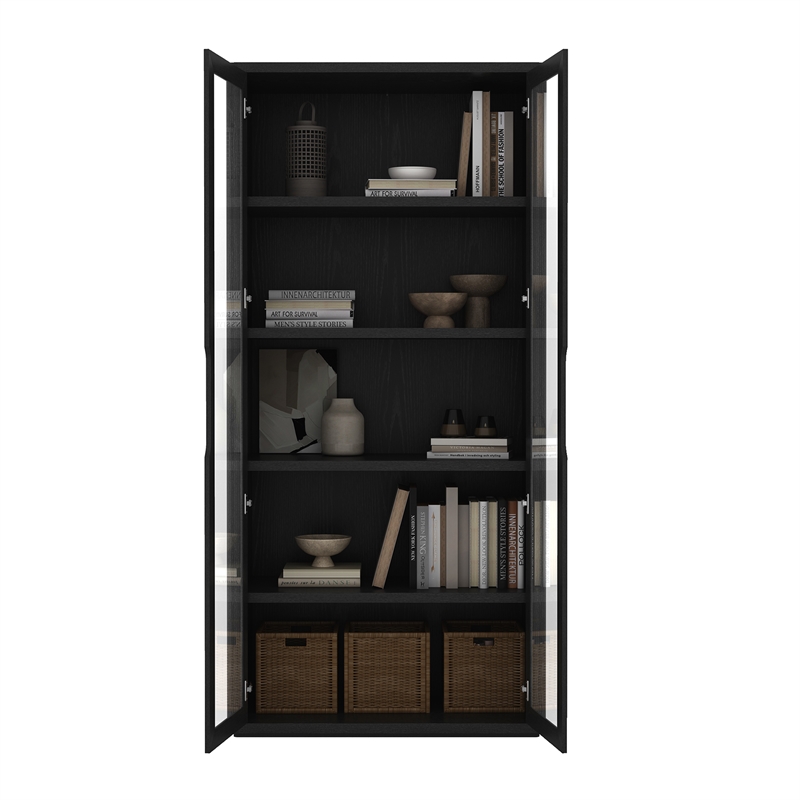 Scranton & Co 5-Shelf Modern Bookcase Cabinet with Glass Doors in Black Set of 2