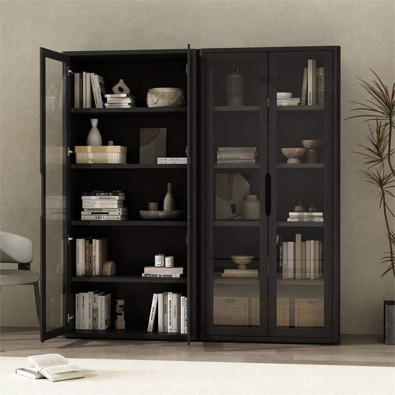Scranton & Co 5-Shelf Modern Bookcase Cabinet with Glass Doors in Black Set of 2