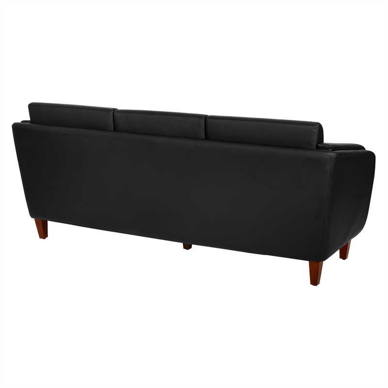Scranton & Co Black Faux Leather Sofa with Cherry Finish Legs