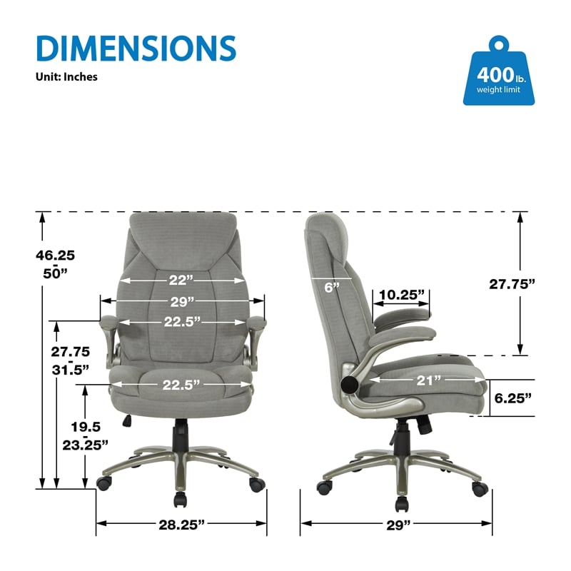 Scranton & Co Big & Tall Gray Fabric Chair with Flip Arms and Titanium Base