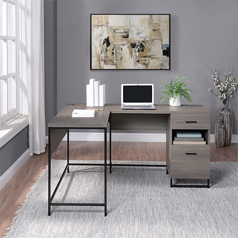 Scranton & Co L-Shape Desk in Farm Oak with Power Hub and Storage