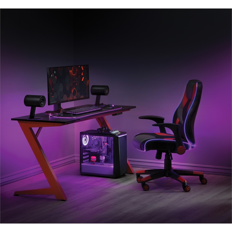 Scranton & Co Contemporary Gaming Desk with LED Lights in Matte Red
