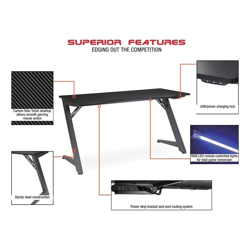 Scranton & Co Contemporary Gaming Desk with LED Lights in Matte Red