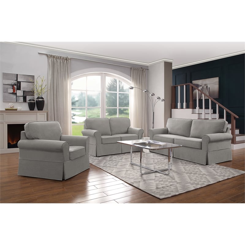 Scranton & Co Cottage Slipcover Sofa in Fog Gray with Rolled Arms and Piping