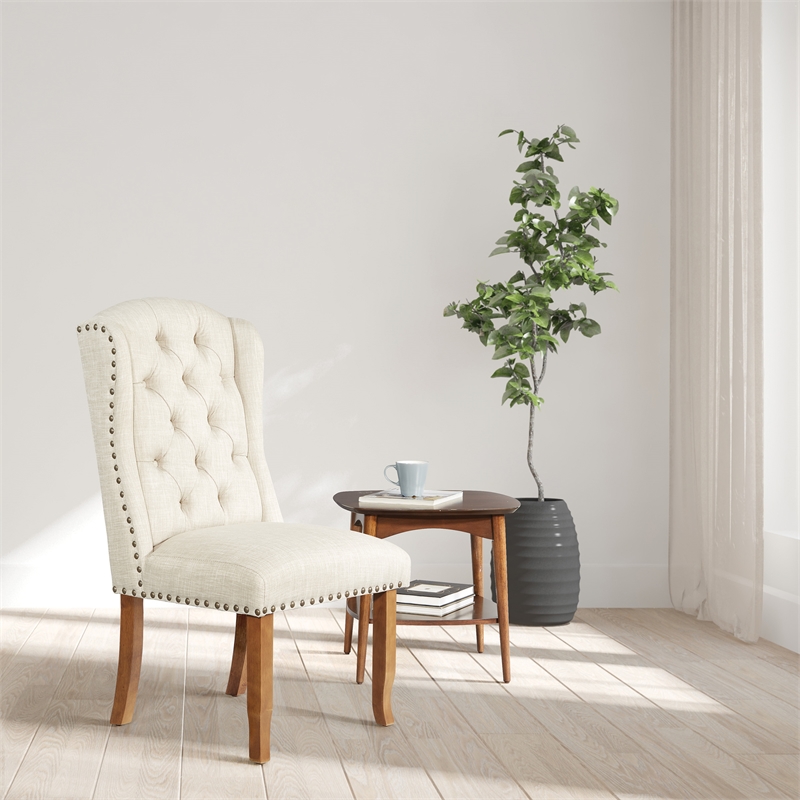 Scranton & Co Tufted Wing Dining Chair in Linen Cream with Nailhead Trim