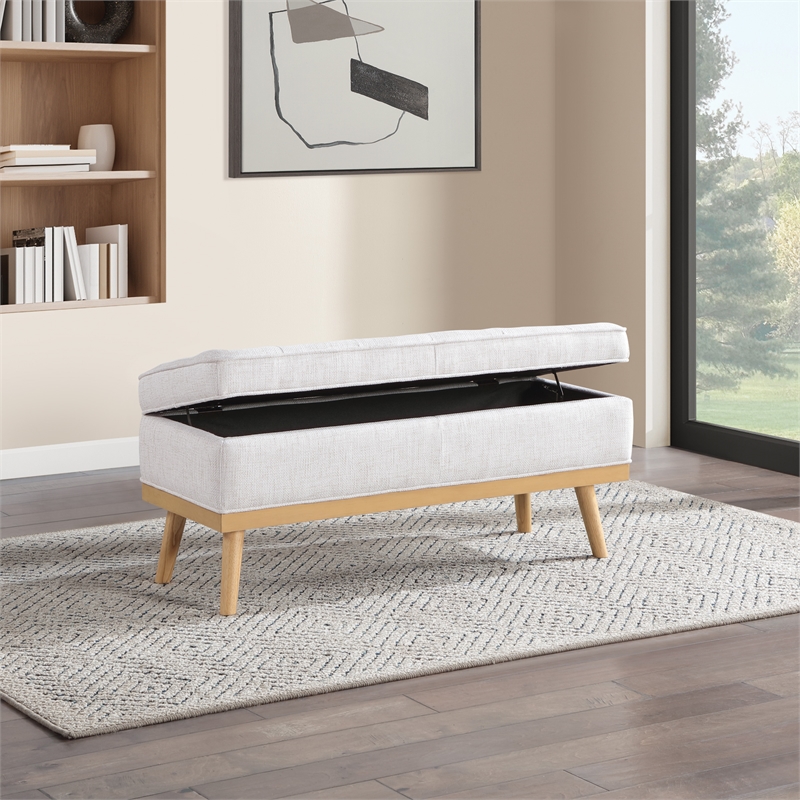 Scranton & Co Mid-Century Modern Storage Bench in Linen White with Wood Legs