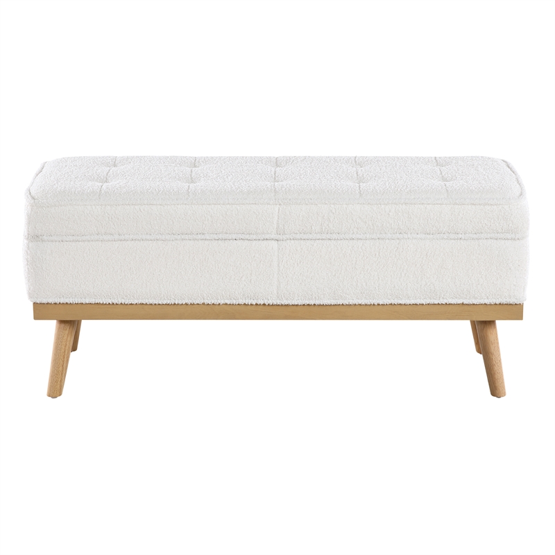Scranton & Co Mid-Century Modern Storage Bench in Ivory Sherpa with Wood Legs