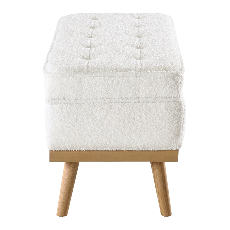Scranton & Co Mid-Century Modern Storage Bench in Ivory Sherpa with Wood Legs