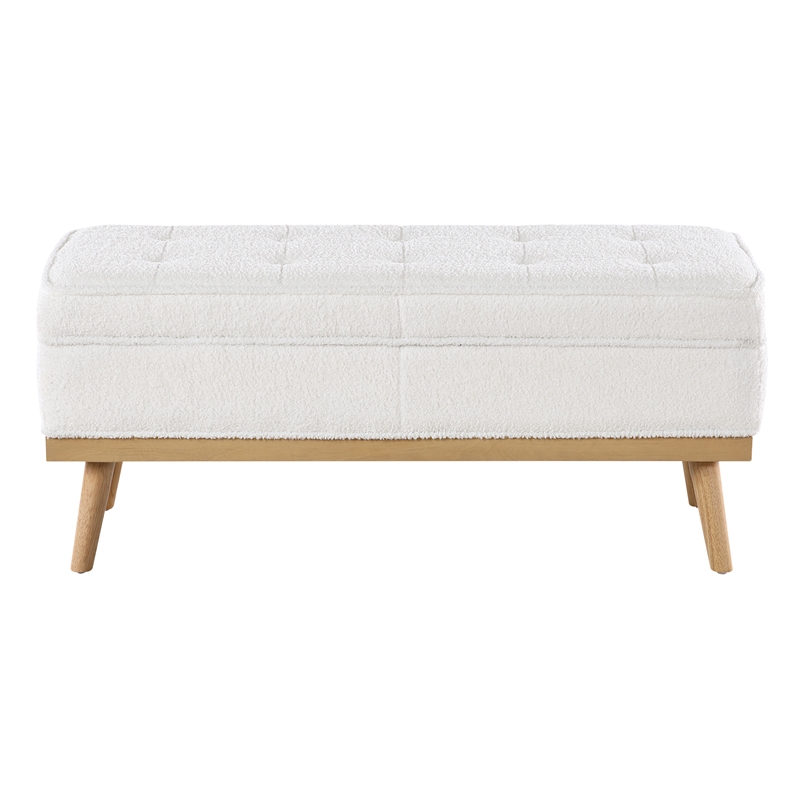 Scranton & Co Mid-Century Modern Storage Bench in Ivory Sherpa with Wood Legs