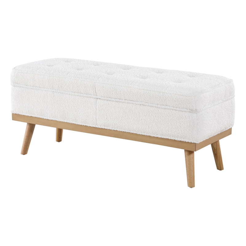 Scranton & Co Mid-Century Modern Storage Bench in Ivory Sherpa with Wood Legs