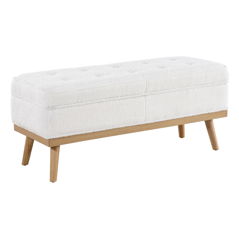 Scranton & Co Mid-Century Modern Storage Bench in Ivory Sherpa with Wood Legs