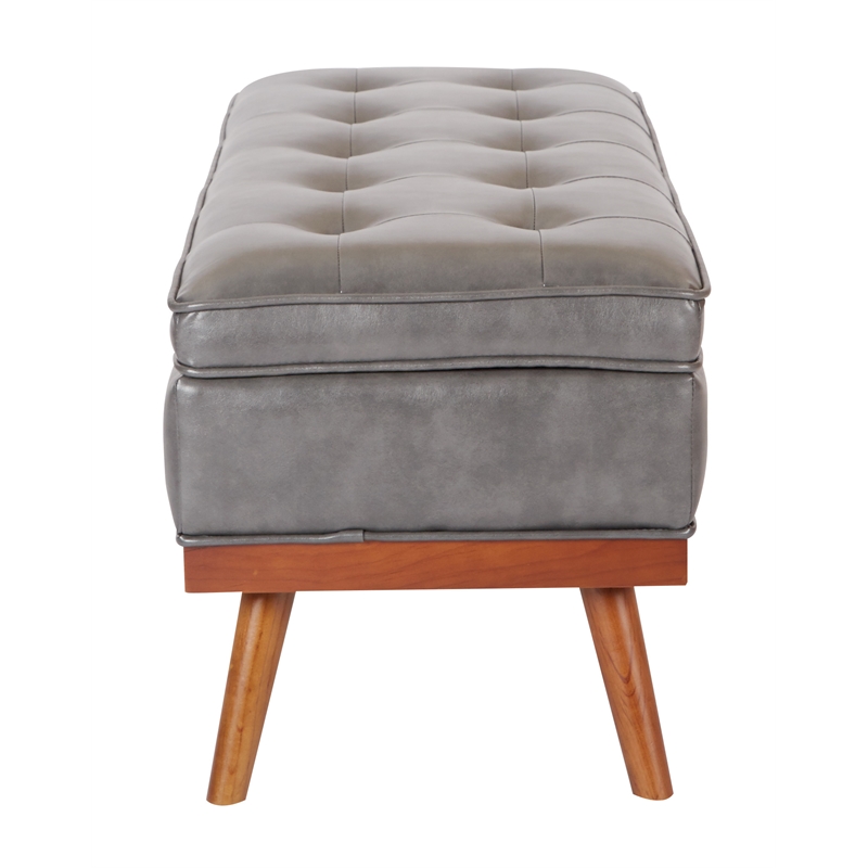 Scranton & Co Mid-Century Storage Bench in Pewter Bonded Leather Espresso Legs