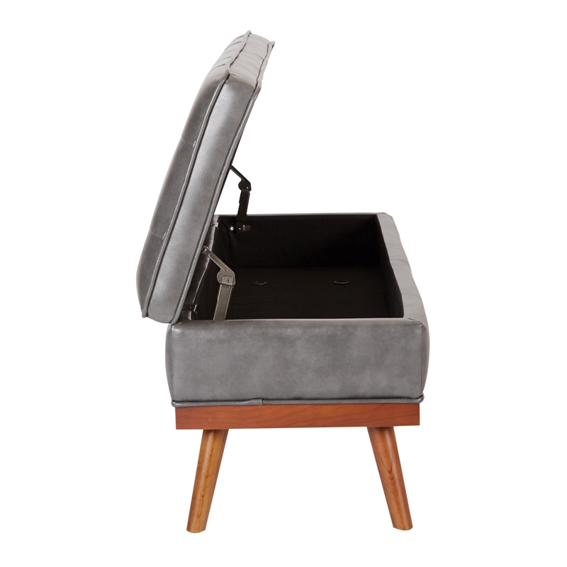 Scranton & Co Mid-Century Storage Bench in Pewter Bonded Leather Espresso Legs