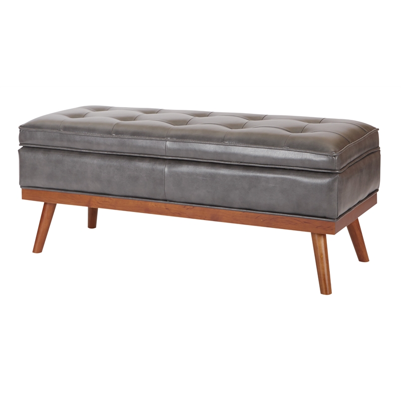 Scranton & Co Mid-Century Storage Bench in Pewter Bonded Leather Espresso Legs