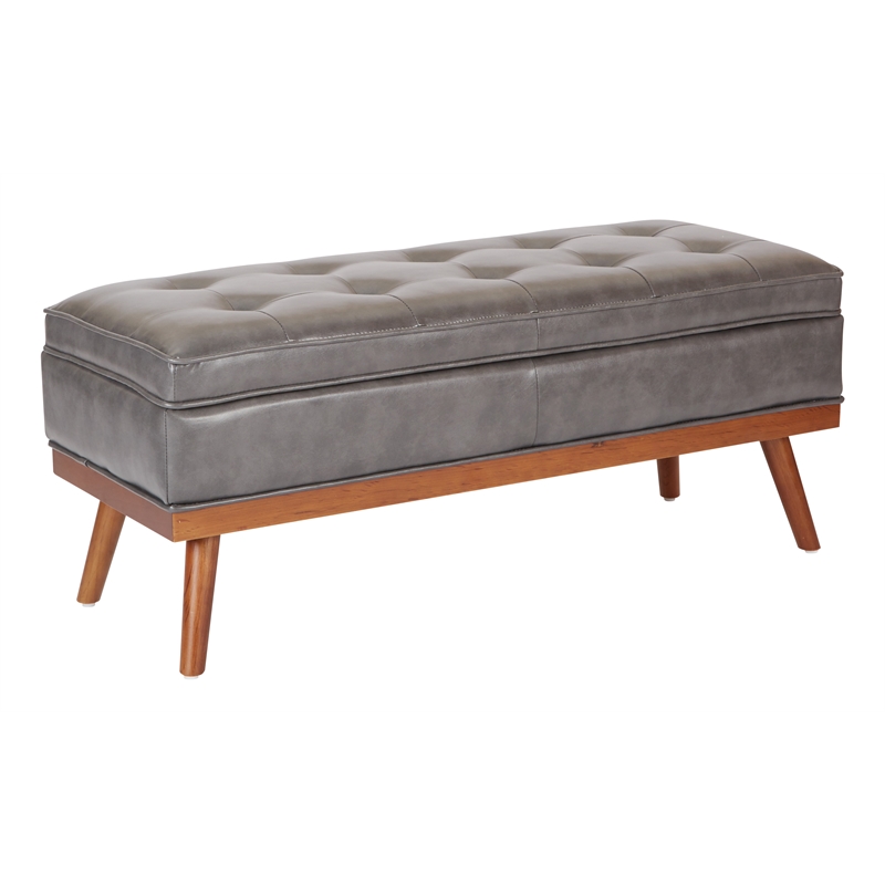 Scranton & Co Mid-Century Storage Bench in Pewter Bonded Leather Espresso Legs