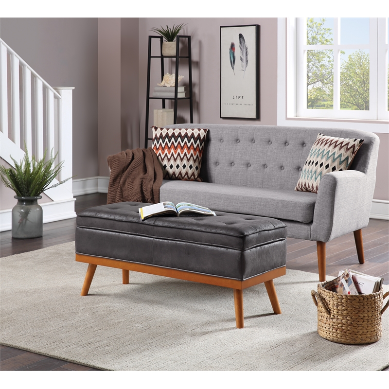 Scranton & Co Mid-Century Storage Bench in Charcoal Faux Leather