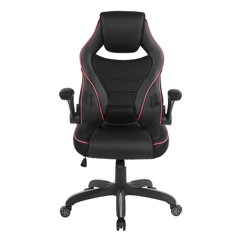 Scranton & Co Black Faux Leather Gaming Chair with Red Trim and Lumbar Support