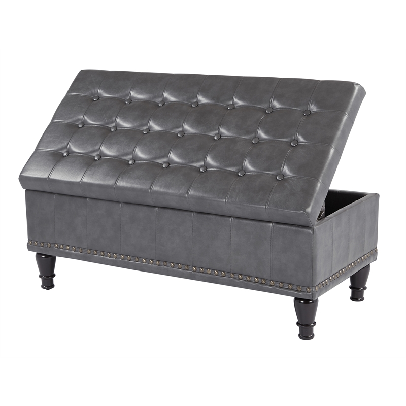 Scranton & Co Gray Bonded Leather Square Storage Ottoman with Nailhead Trim
